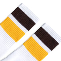 SOCCO Bold Two Stripe Brown & Gold | White Mid Socks