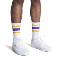 SOCCO Gold and Purple Striped Socks | White Mid Socks